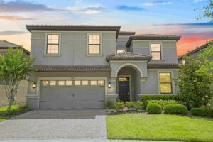 Champions Gate Rolling Skies twilight picture of front of the house street view