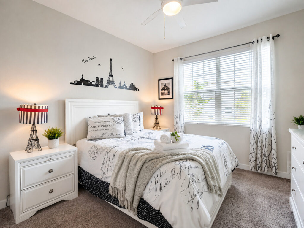 Champions Gate Magical Retreat downstairs bedroom Paris themed queen bed