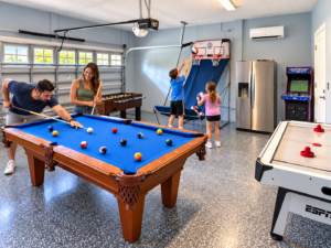 Family playing pool and basketball in the Rolling Skies game room