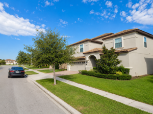 Street and sidewalk outside the Rolling Skies vacation home